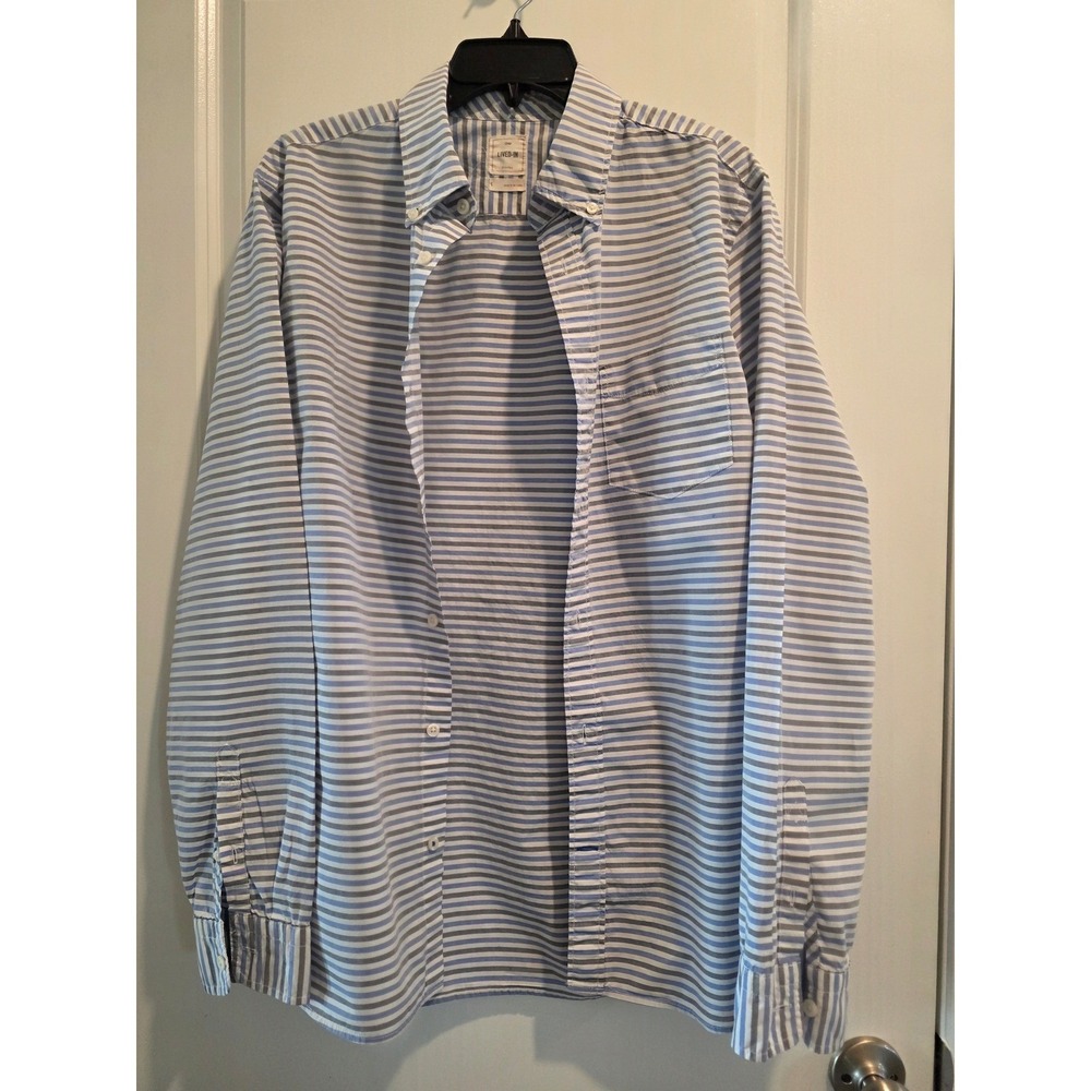Men's sz L Gap Lived-In Blue Striped Button Down Shirt 100% Cotton Long Sleeve